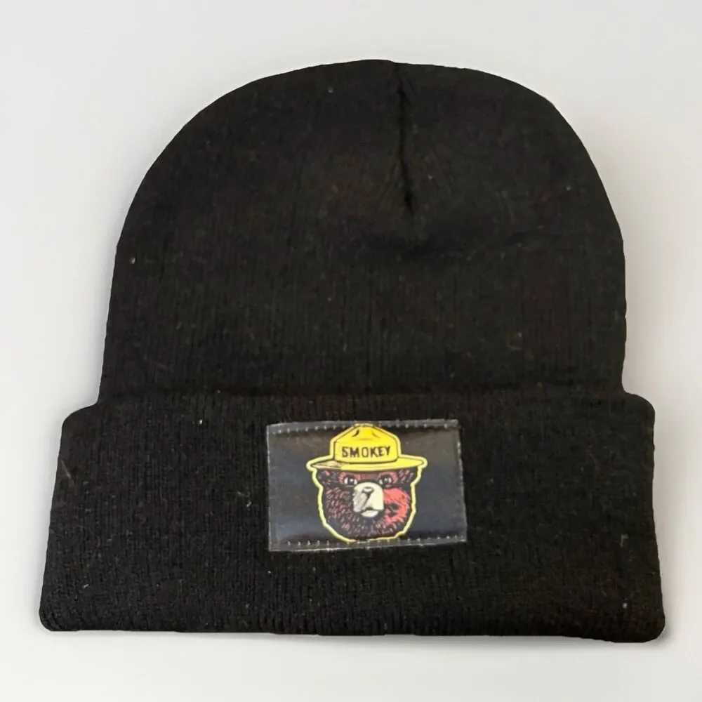 Smokey Bear Black Knit Beanie Hat Cuffed Winter Cap Forest Service Logo